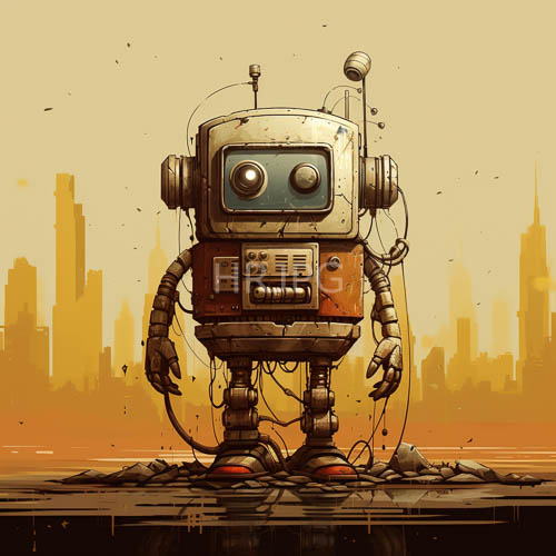 boxy retro machines wear headphones before urban sunset