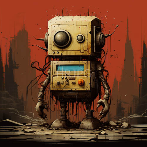 rusted rectangular machines dominate this red sky landscape