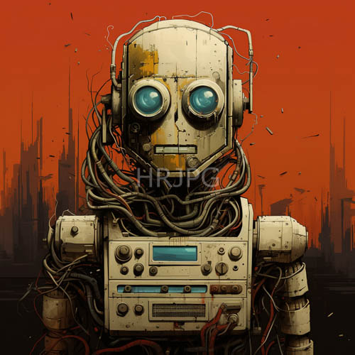 rusted humanoid figures with piercing blue eyes loom