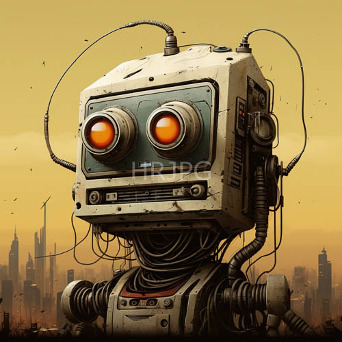 rectangular robots featuring large orange ocular sensors stand