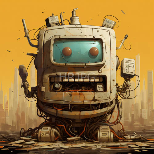 High Resolution: Rusted Television Set Robots Roam Across Cracked Pavement download. | HRJPG.com