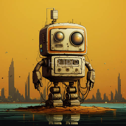 boxy rusted machines stand on muddy water banks