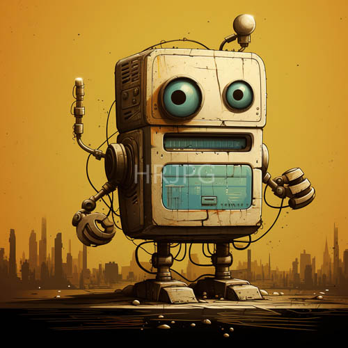 vintage rectangular robots stand before futuristic sunset cities