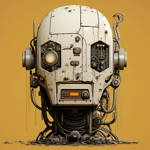 steampunk robotic heads loom against vivid mustard backgrounds