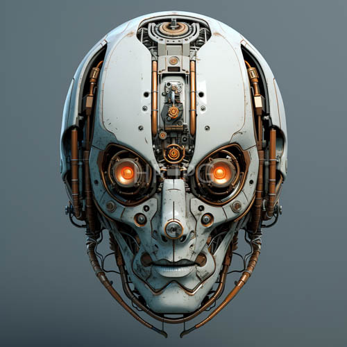 detailed metallic humanoid skulls emerge against gradient backgrounds