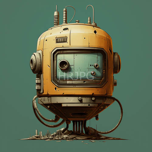 yellow orange robotic heads display intricate pipe protrusions
