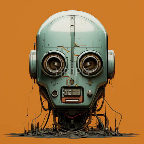 eerie metallic humanoid heads glow against orange backgrounds