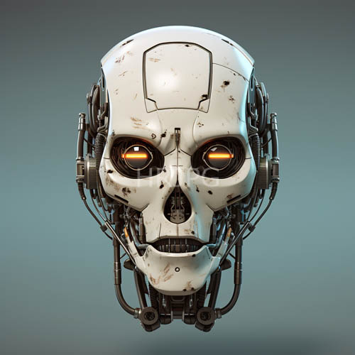 silver robotic skulls feature glowing orange eyes wires