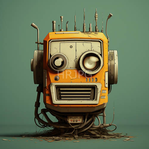 robotic orange heads display rusted metallic wear patterns