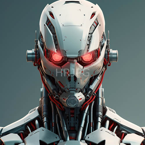 sleek white and red humanoid robots stand tall