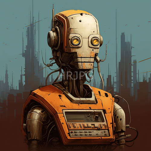 humanoid orange robots stand against futuristic city silhouettes