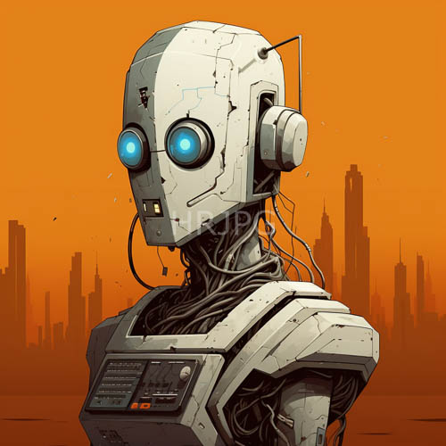 High Resolution: White Metallic Robots Stand Against Orange Sunset Skylines download. | HRJPG.com