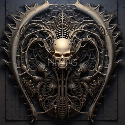 threaded together metallic skulls radiate outward against dark backgrounds
