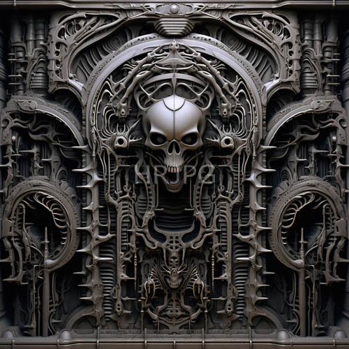 coal black metallic humanoid skull sculptures display mechanical detail