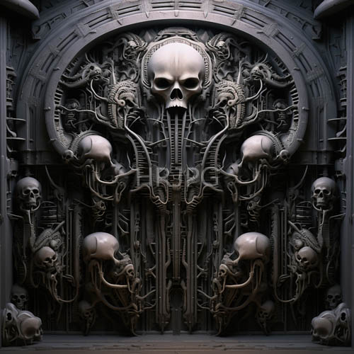 gray stone archways display human skulls mechanical patterns