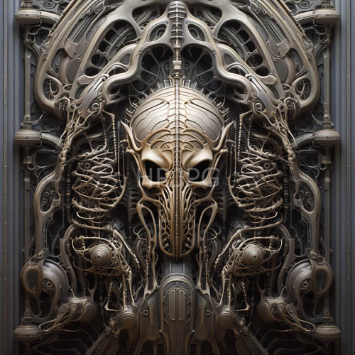 symmetrical metallic sculptures center on human skull designs