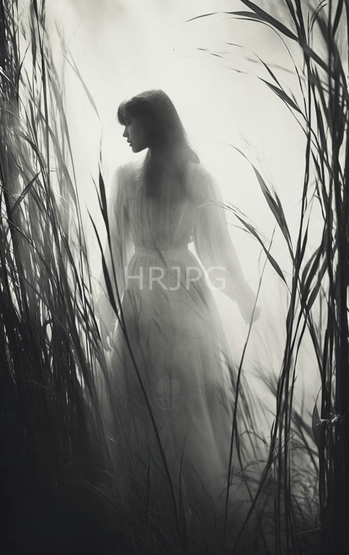slender ethereal women stand amidst tall misty grasses