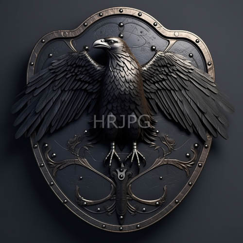 outstretched feathered ravens stand atop medieval fantasy shields