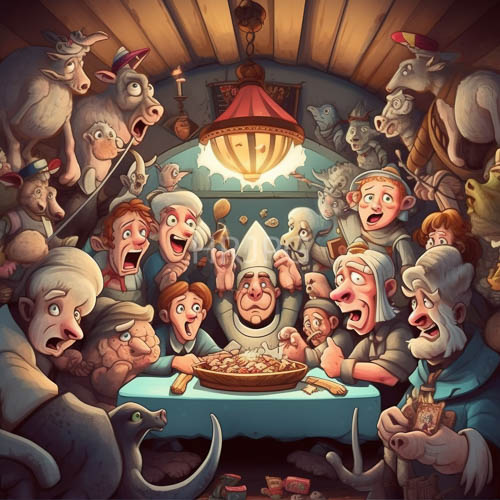 exaggerated banquet table scenes depict villagers feasting daily