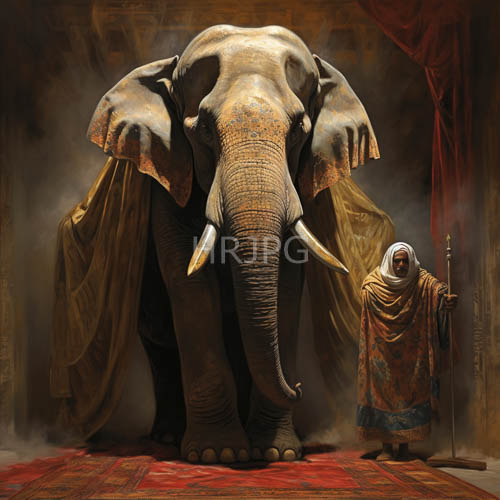 enormous realistic elephants stand under dim stage lighting