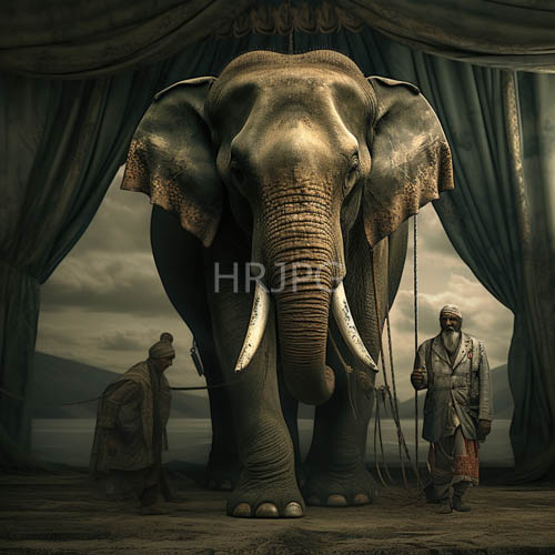 textured wrinkled elephants stand beneath draped green curtains