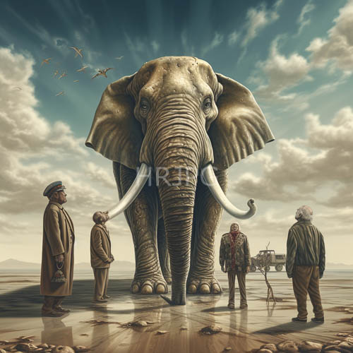 vintage clad men stand before enormous realistic elephants