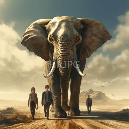 dusty road travelers walk toward enormous realistic elephants
