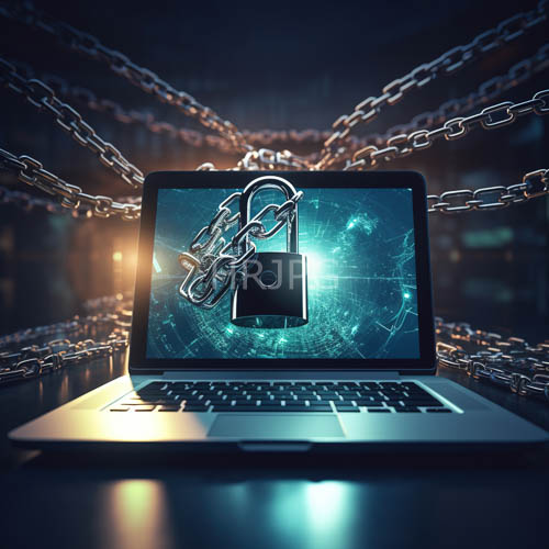 interlocked metal padlocks sit on silver laptop screens
