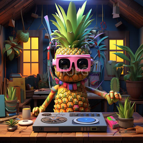 colorful dj pineapples spin records on wooden tables