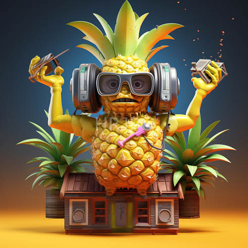 leafy haired pineapple djs hold headphones spinning records