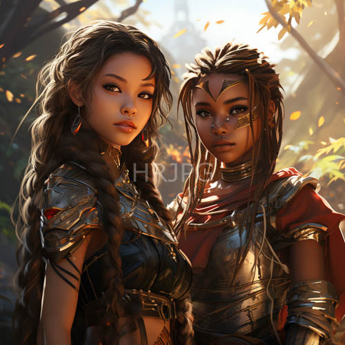 braided haired fantasy women stand in sun dappled groves