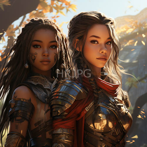 High Resolution: Back To Back Fantasy Warriors Stand Under Leaves download. | HRJPG.com