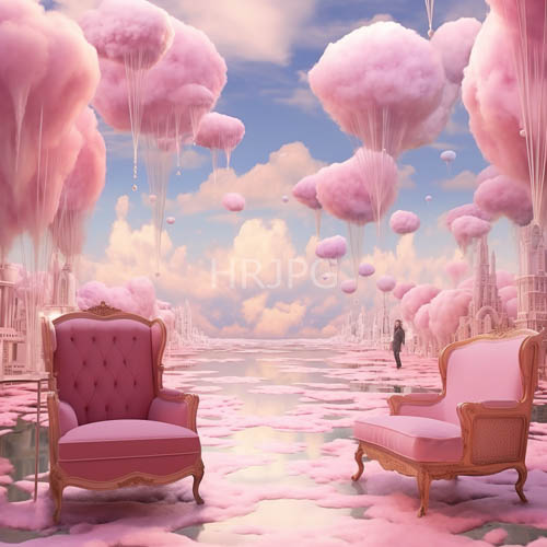 gently muffled pink floating cities hover amidst balloon clouds