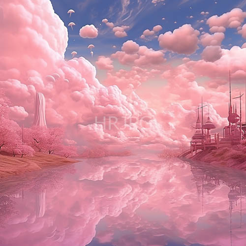 reflective waterways mirror cherry blossom futuristic tower ships