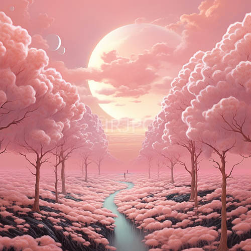 High Resolution: Winding Rivers Cut Through Ethereal Pink Forest Paths download. | HRJPG.com