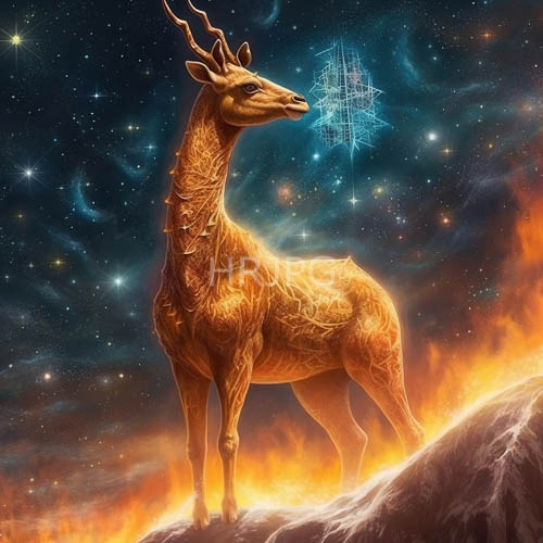 gleam draped deer stand upon glowing rocks beneath skies