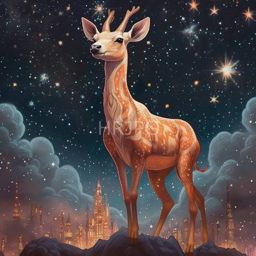 spotted deer occupy rocky terrain under glowing stars