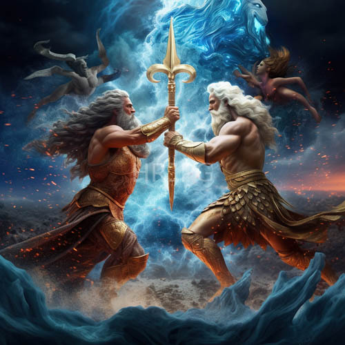 swirling blue flames surround brandishing ornate spear leaders