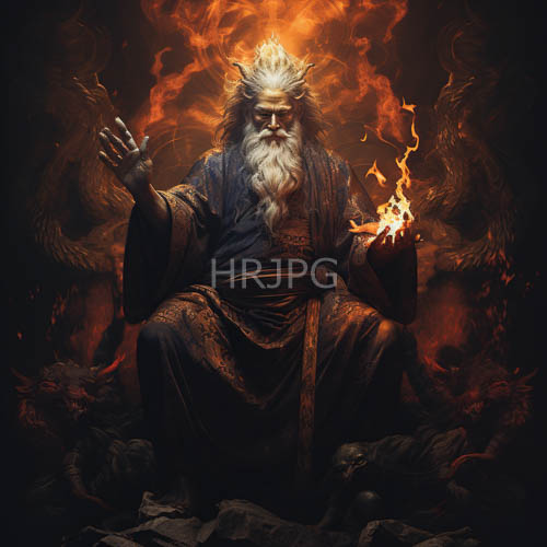 fiery flames surround ancient bearded wizards holding fire
