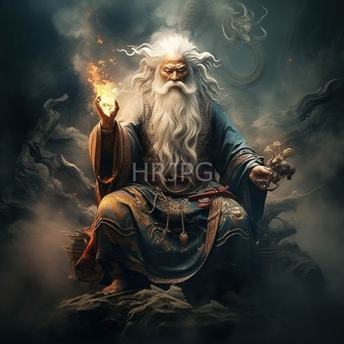 misty clouds surround elderly bearded wizards on rocks