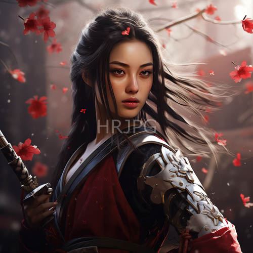 warriors in traditional red robes hold sharp swords