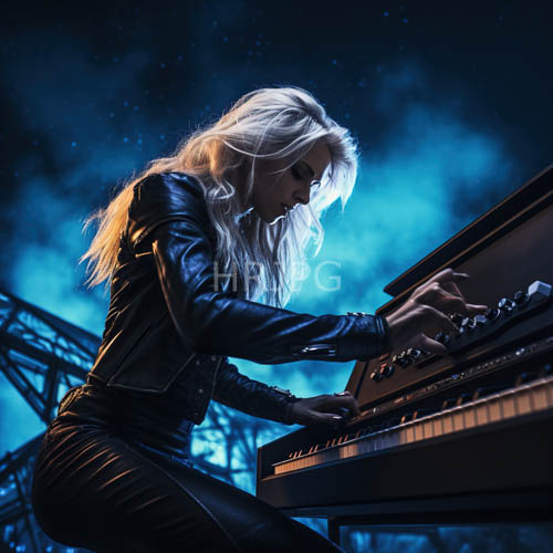 High Resolution: Neon Blue Light Illuminates White Haired Piano Performers download. | HRJPG.com