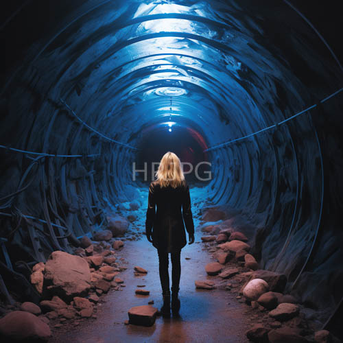 blonde women in leather walk through blue tunnels