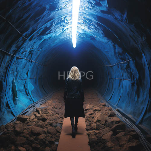 blue lit underground tunnels guide blonde walking individuals