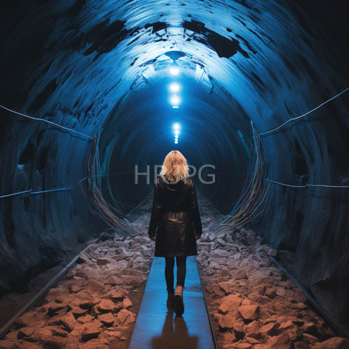 wavy haired blonde women walk through illuminated concrete tunnels