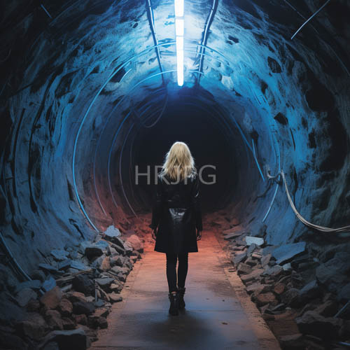blonde women walk through illuminated concrete piping tunnels