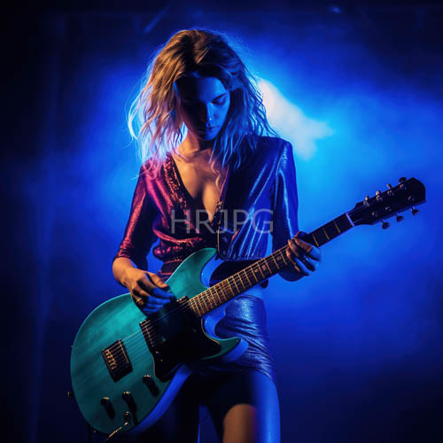 blonde women play turquoise electric guitars under lights