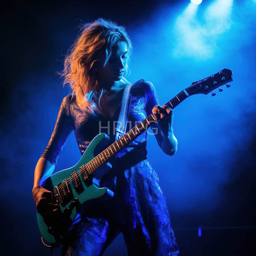 energetic female guitarists perform in blue purple lighting
