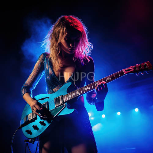 High Resolution: Sparkled Blue Dressed Guitarists Perform Under Vibrant Spotlights download. | HRJPG.com