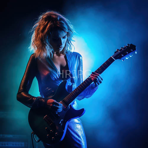 blonde guitarists perform on intense blue lit stages